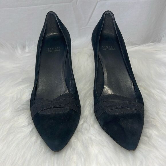 Stuart Weitzman Bandexsvelt  Black Suede Elastic Inset Heels Sz 9 - Picture 2 of 7